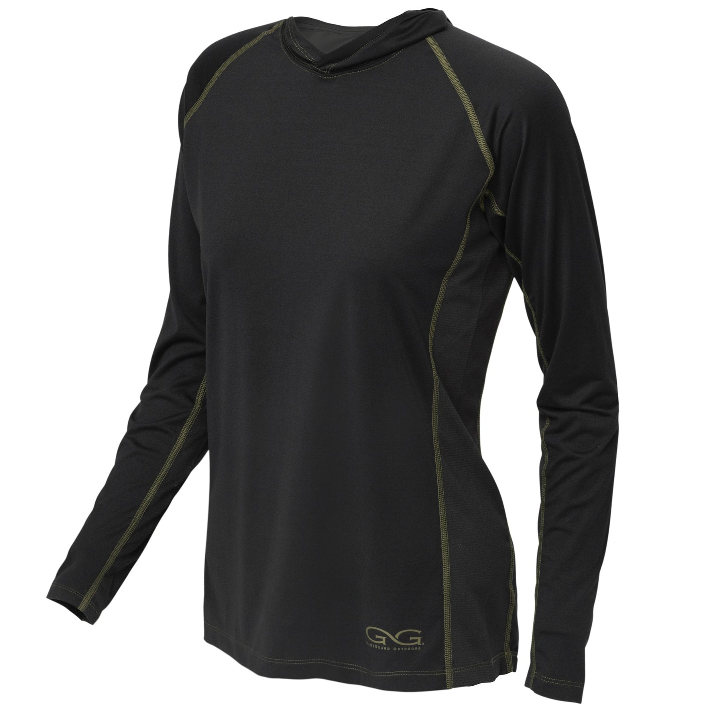 Black long sleeve hunting shirt with olive stitching, hooded design for outdoor use