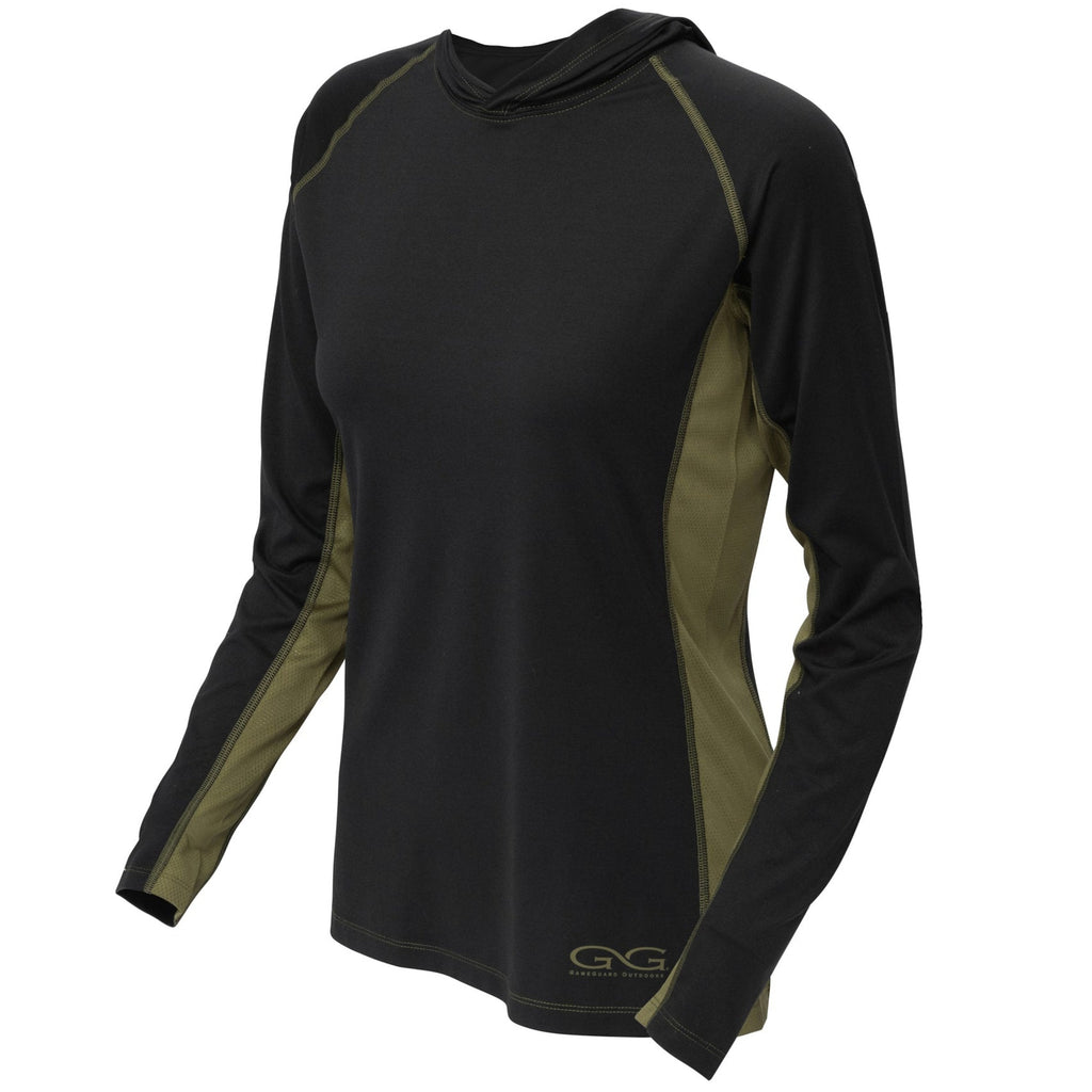 Black and olive long sleeve hooded hunting shirt with mesh panels for ventilation