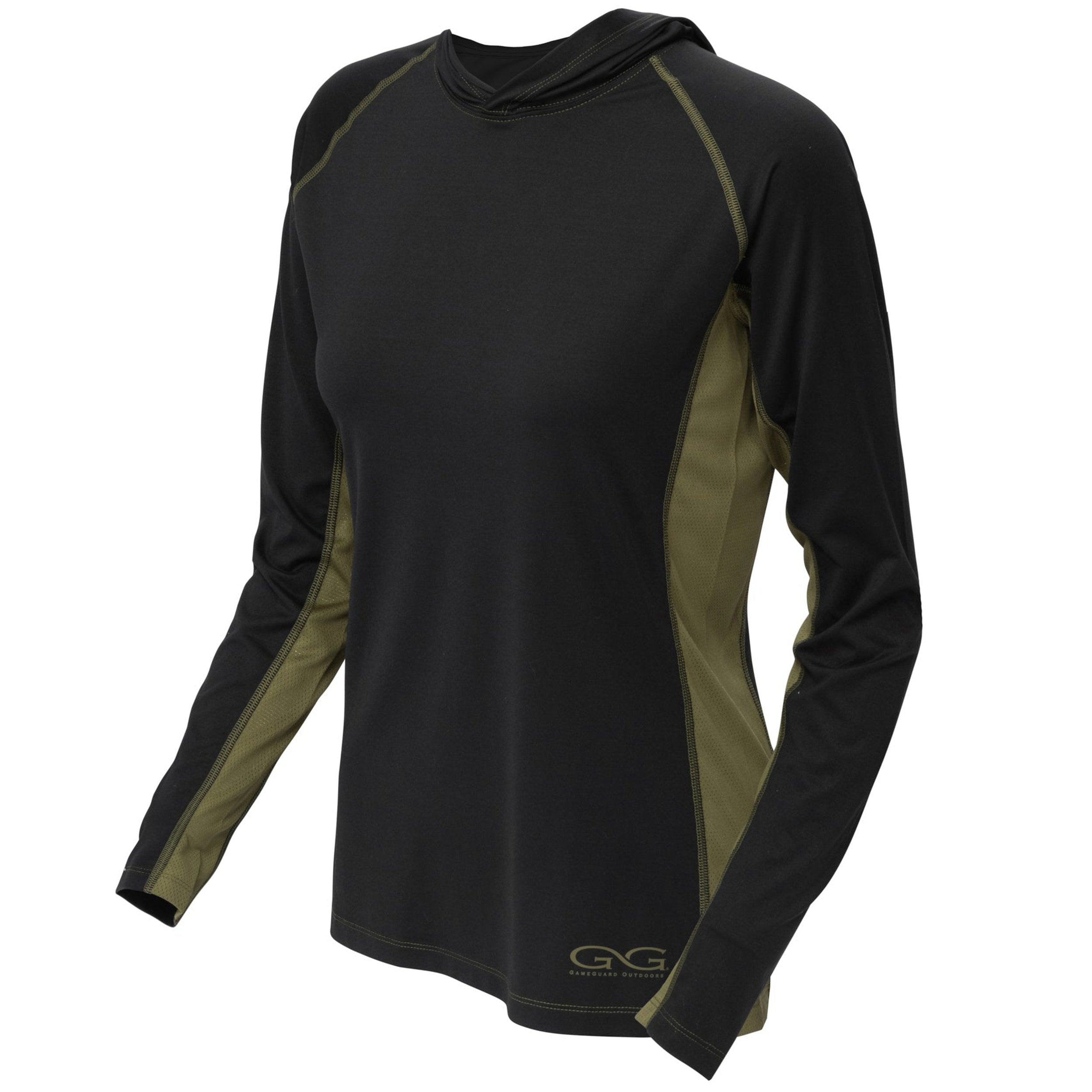 Black and olive long sleeve hooded hunting shirt with mesh panels for ventilation
