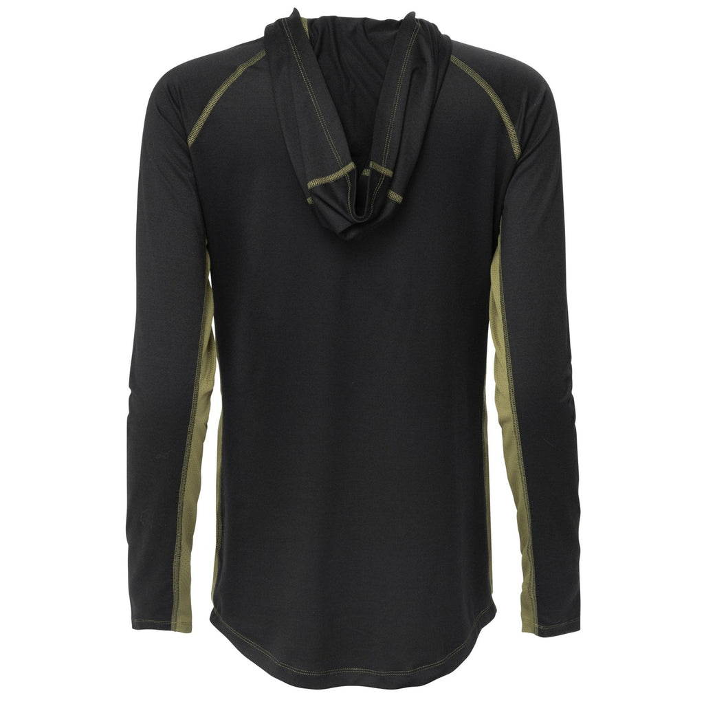 Black and olive green long sleeve hunting hoodie with cowl neck and raglan sleeves for outdoor use