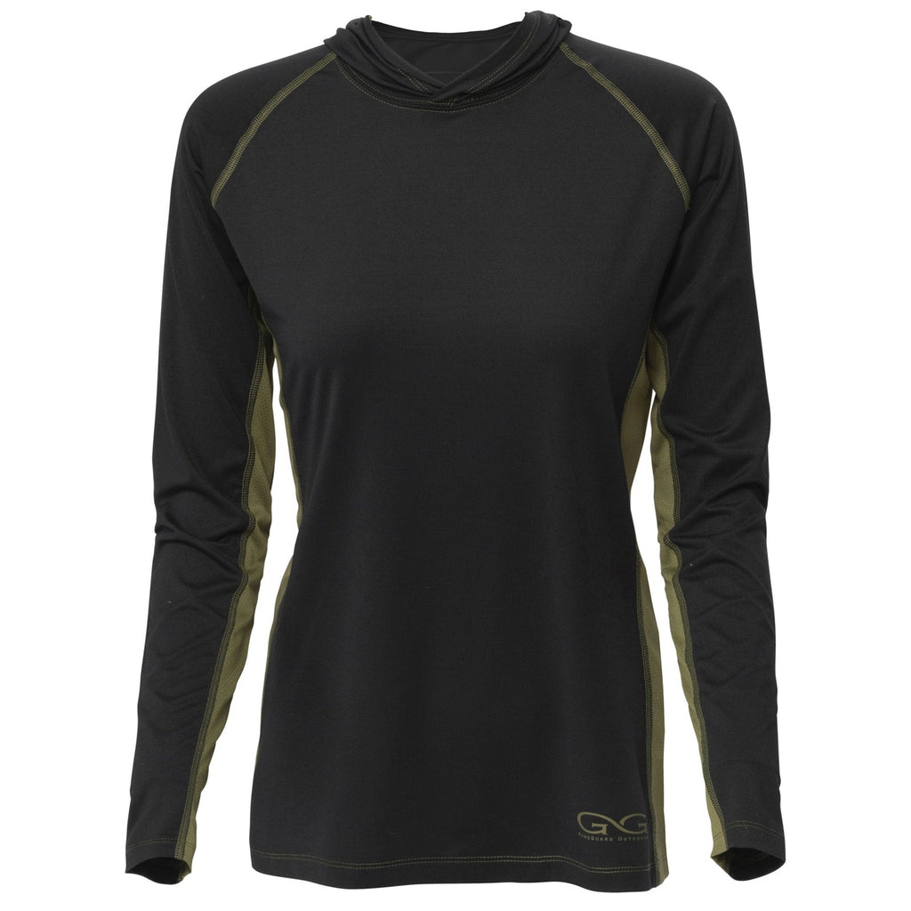 Black long sleeve hunting shirt with olive green accents, cowl neck, and moisture-wicking fabric for outdoor use