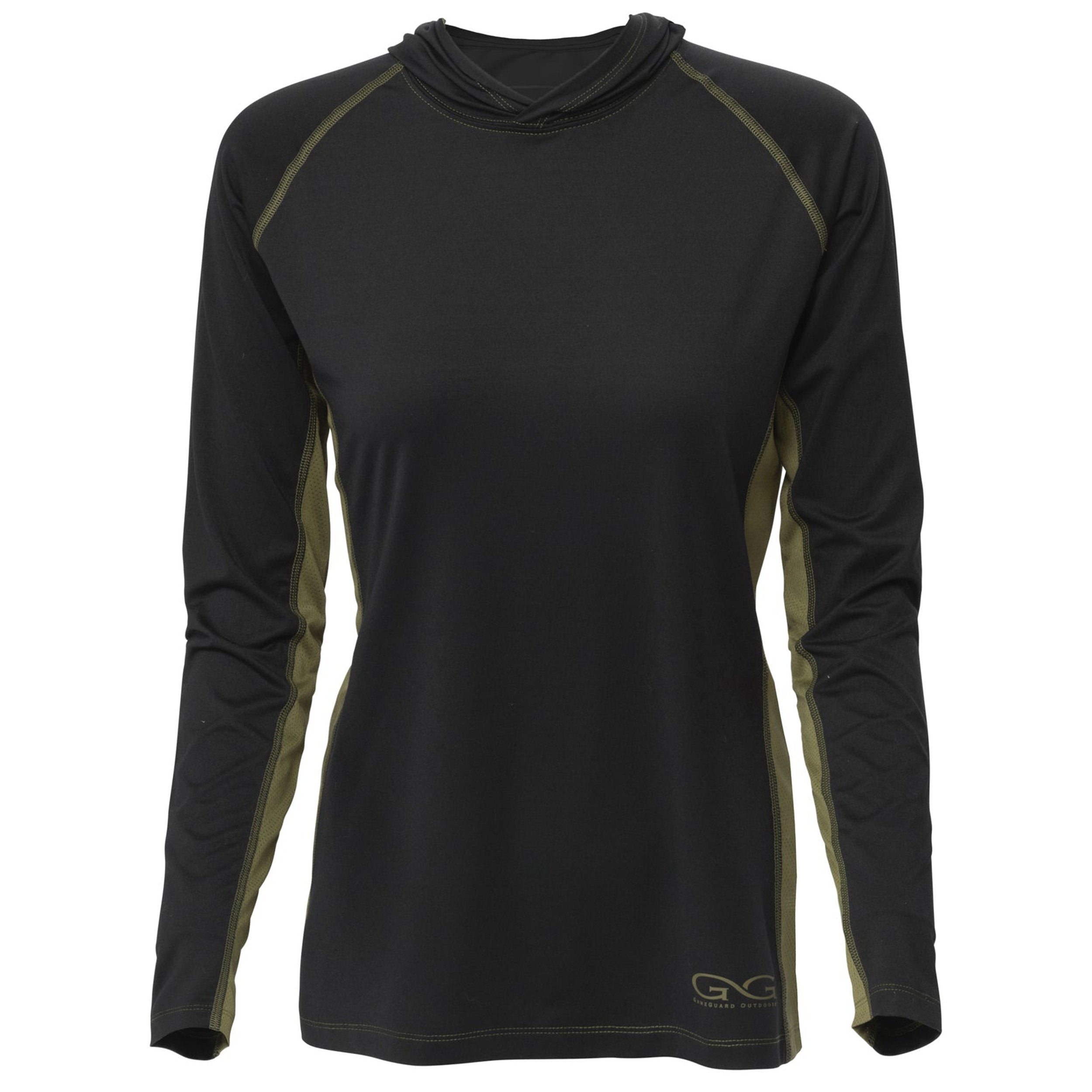 Black long sleeve hunting shirt with olive green accents, cowl neck, and moisture-wicking fabric for outdoor use