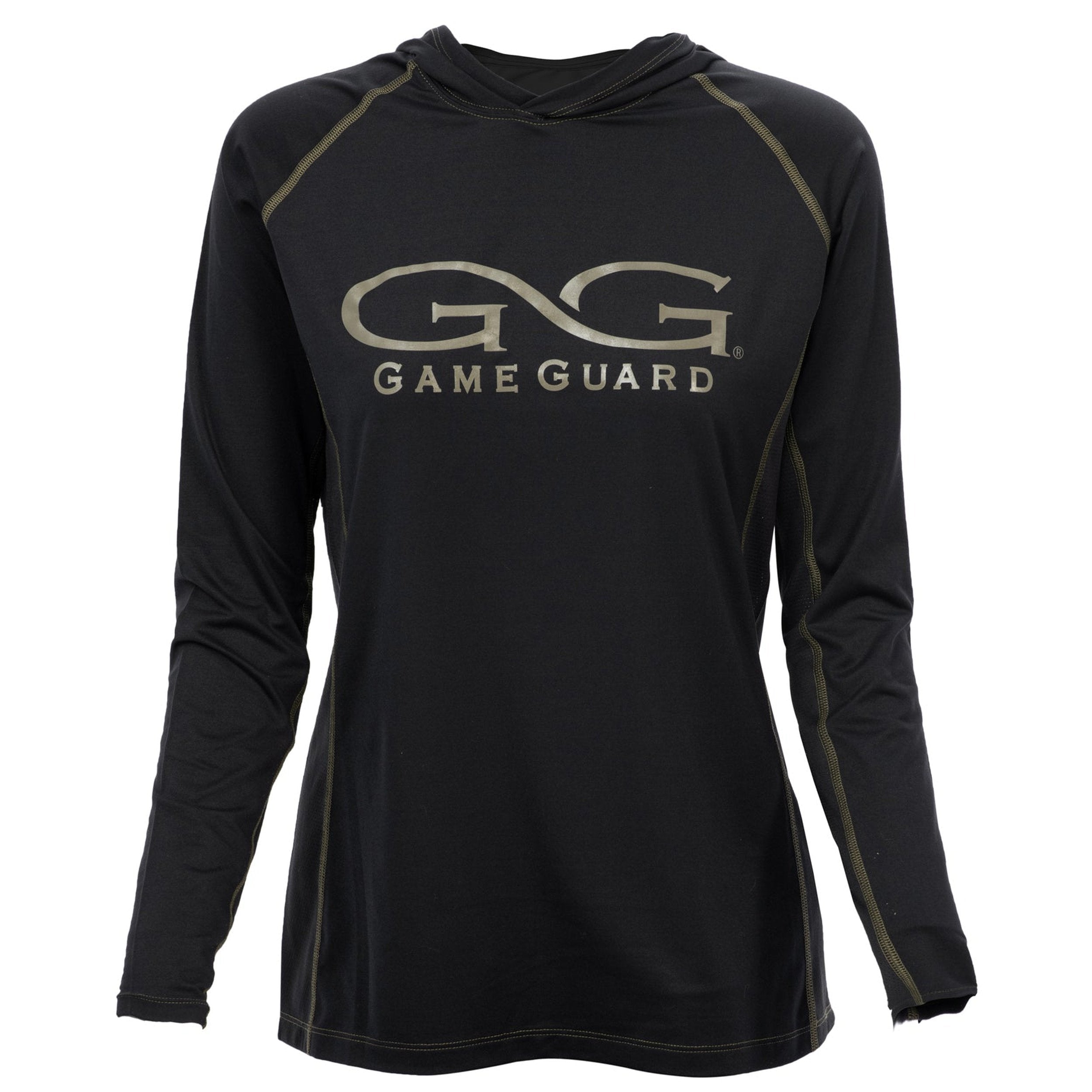 Black Game Guard long sleeve hooded hunting shirt with olive stitching, ideal for outdoor gear and camo apparel.