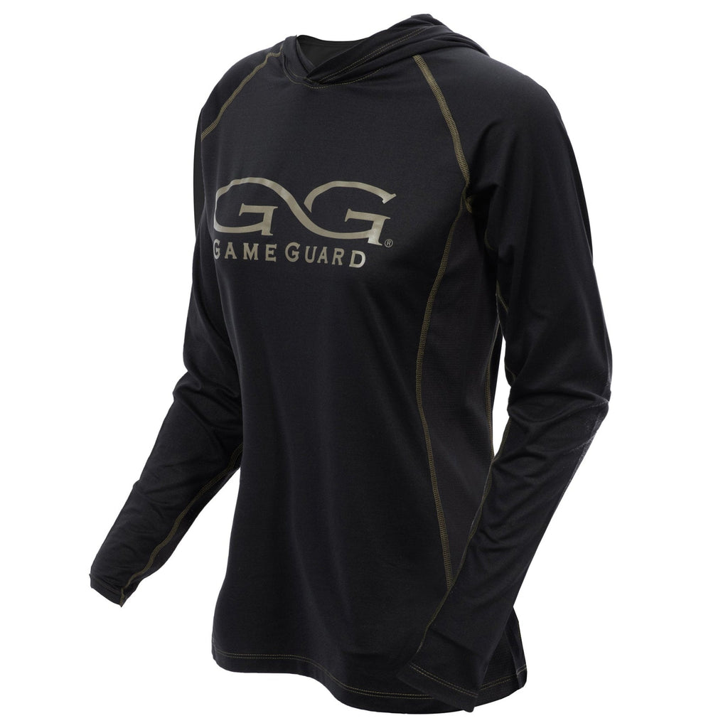 Black Game Guard hooded long sleeve hunting shirt with olive stitching for outdoor use