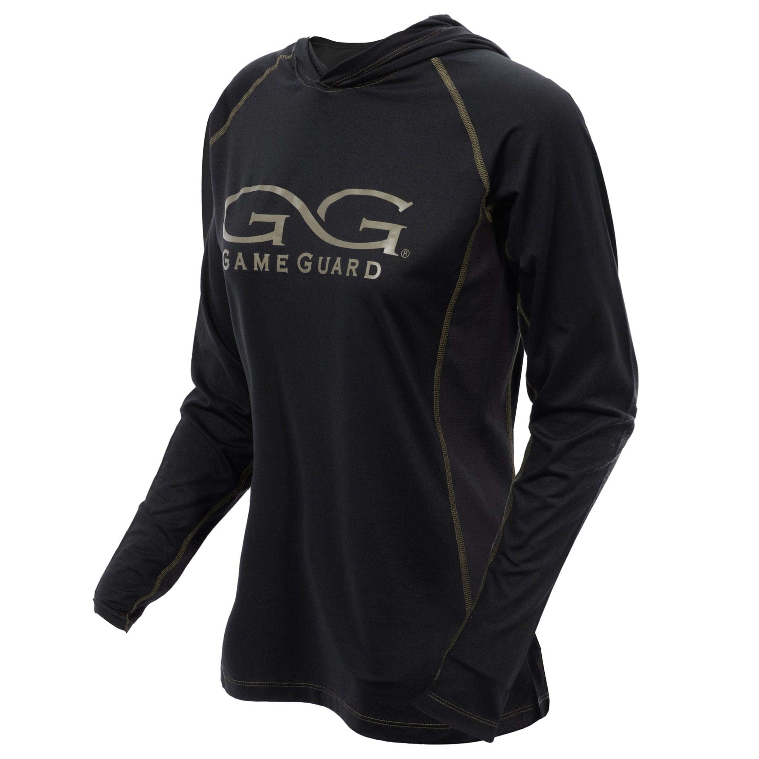 Black Game Guard hooded long sleeve hunting shirt with olive stitching for outdoor use
