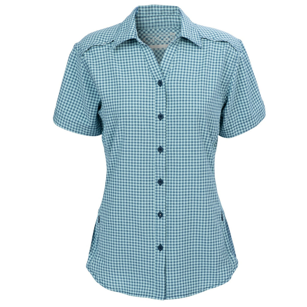 Women's blue and white gingham short sleeve button-up shirt for outdoor activities