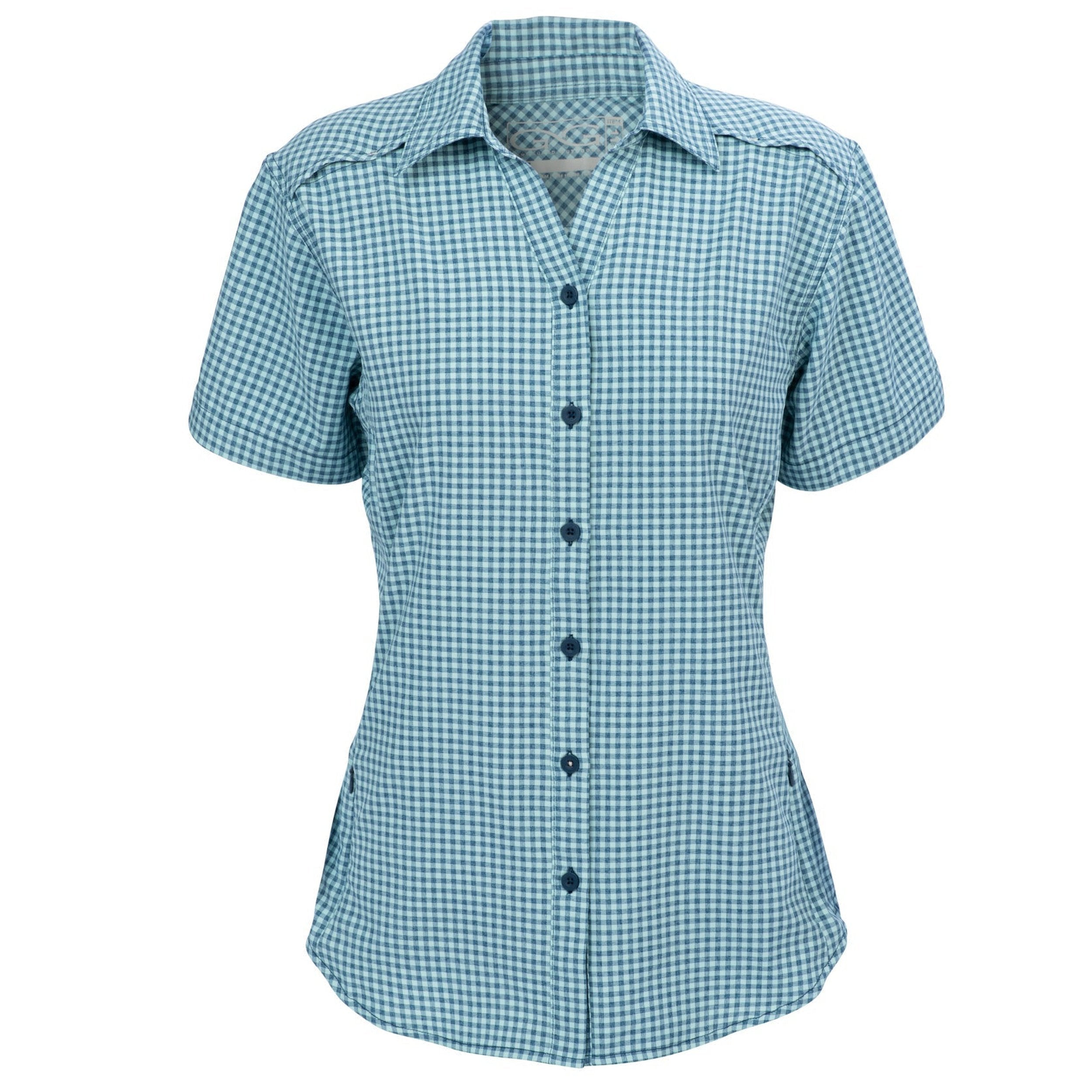 Women's blue and white gingham short sleeve button-up shirt for outdoor activities