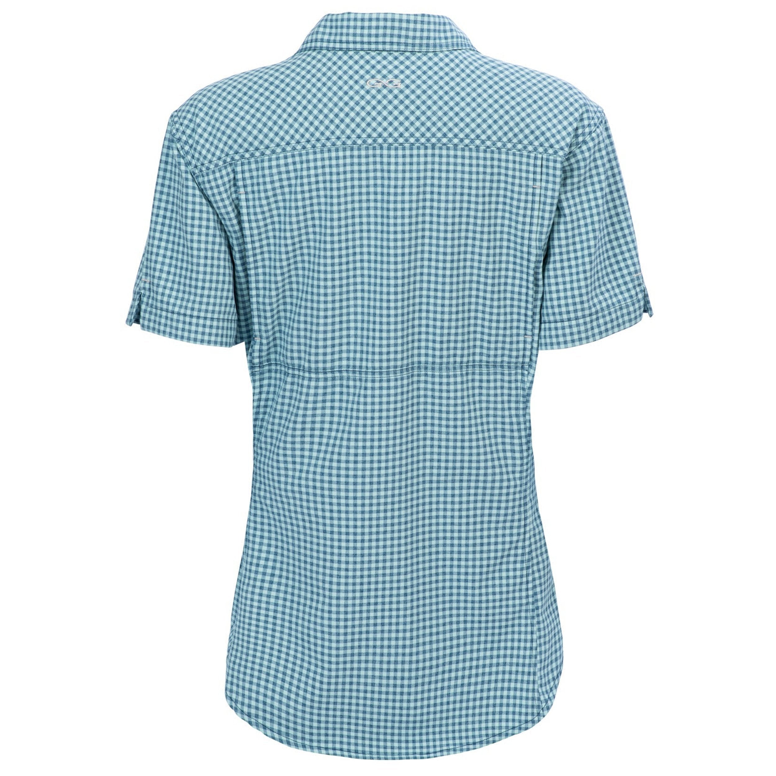 Blue gingham short-sleeve outdoor shirt for hunting and fishing adventures