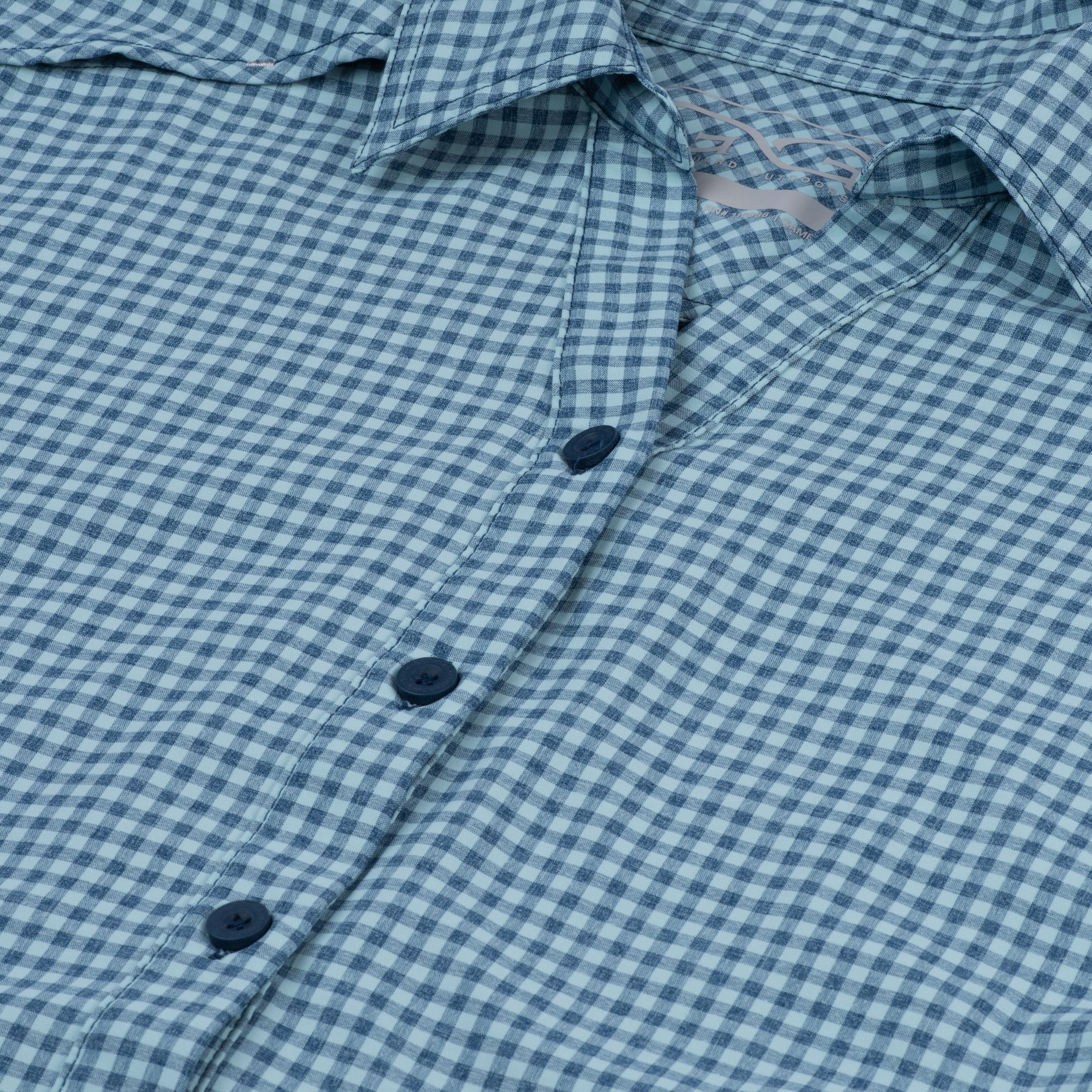 Blue and white gingham button-up shirt for outdoor hunting and fishing adventures