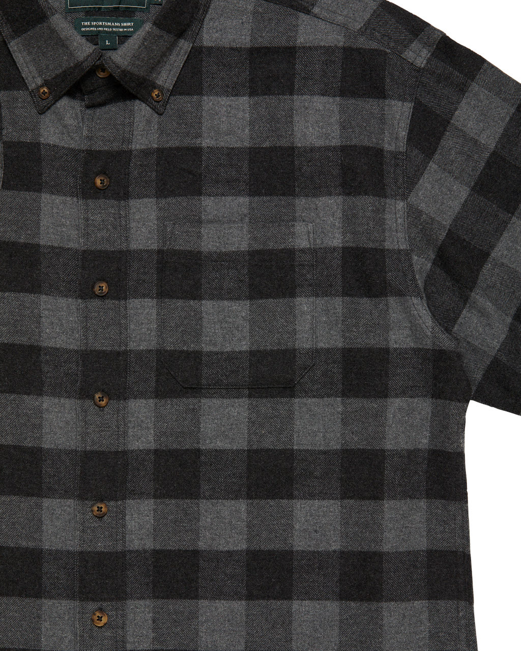 Chest and button-down collar of the Grey Buffalo Plaid Sportsmans Shirt
