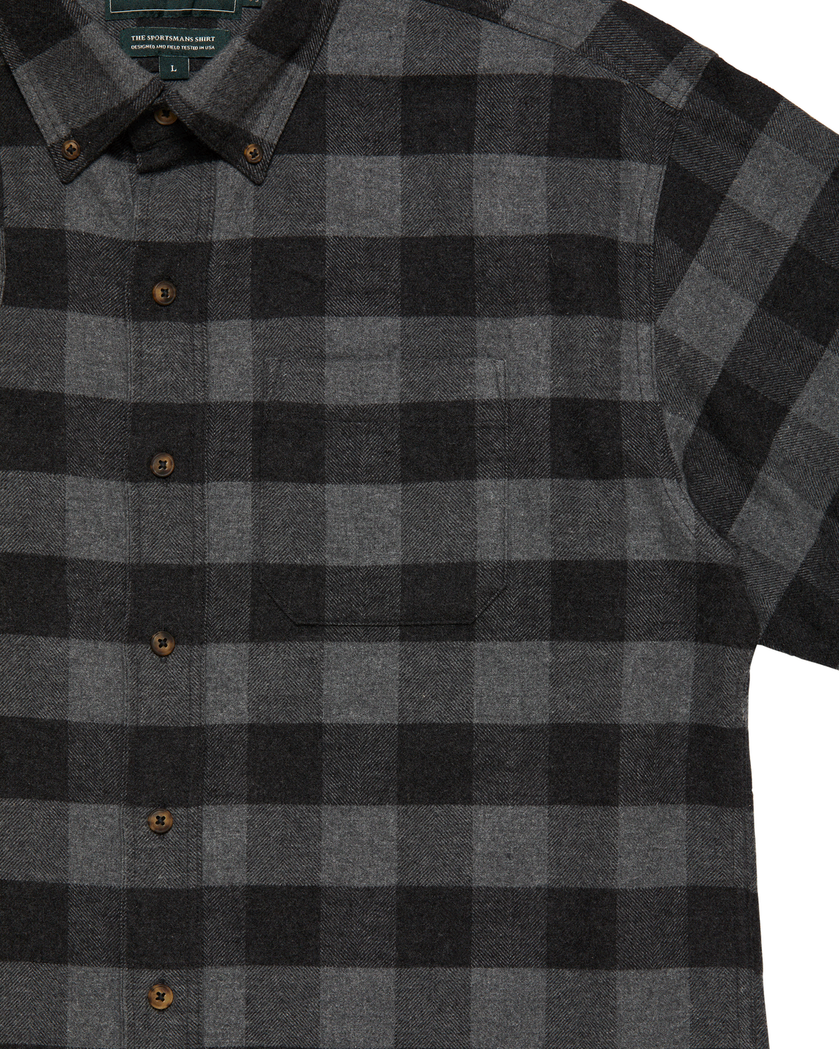 Chest and button-down collar of the Grey Buffalo Plaid Sportsmans Shirt