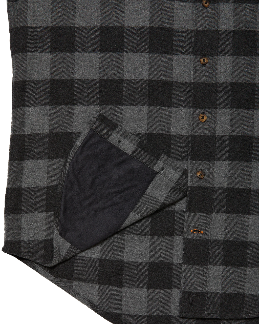 Microfiber sunglass cloth at the hem of the Grey Buffalo Plaid shirt