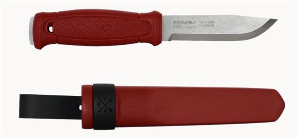 Morakniv fixed blade hunting knife with red rubber grip and sheath, ideal for outdoor survival and camping