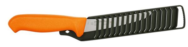 Orange-handled hunting knife with black sheath, ideal for outdoor and field use