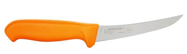 Orange-handled Morakniv hunting knife with curved stainless steel blade