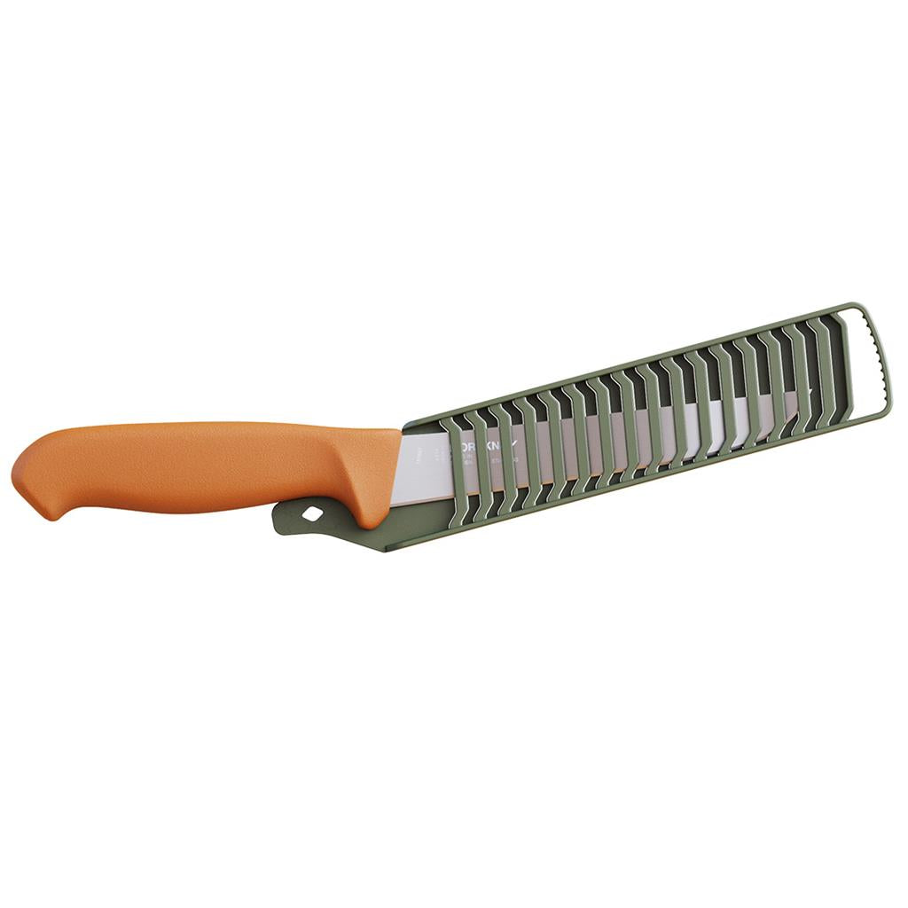 Orange-handled hunting knife with olive green sheath, ideal for outdoor and field use