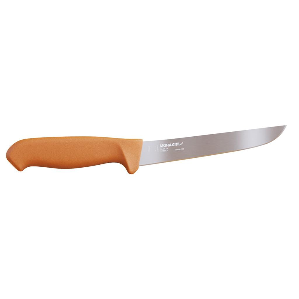 Moraknil stainless steel hunting knife with orange ergonomic handle, made in Sweden