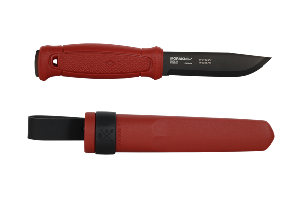MoraKniv fixed blade hunting knife with red rubber grip and sheath, black blade for outdoor survival