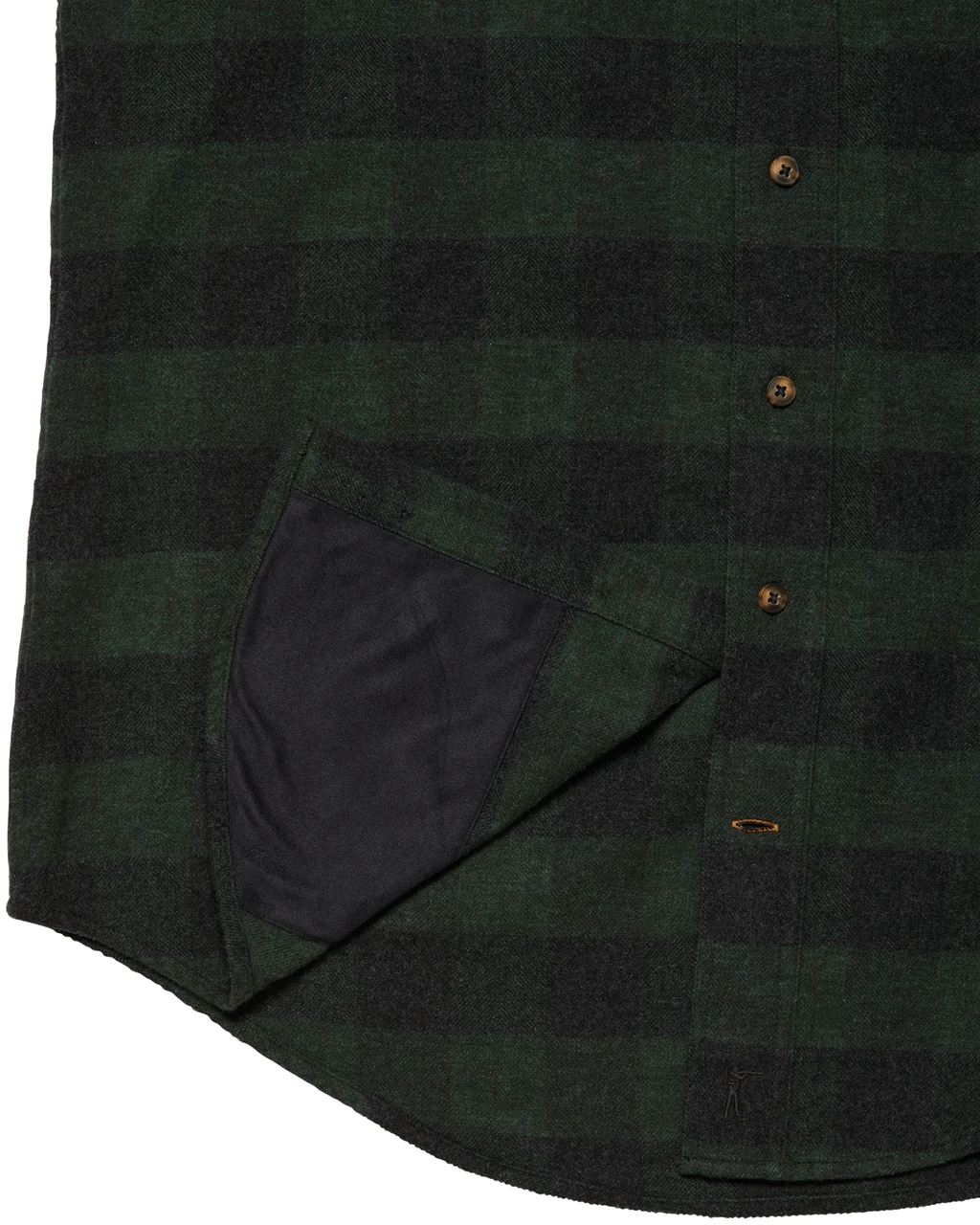 Microfiber sunglass cloth at the hem of the Green Buffalo Plaid Sportsmans Shirt
