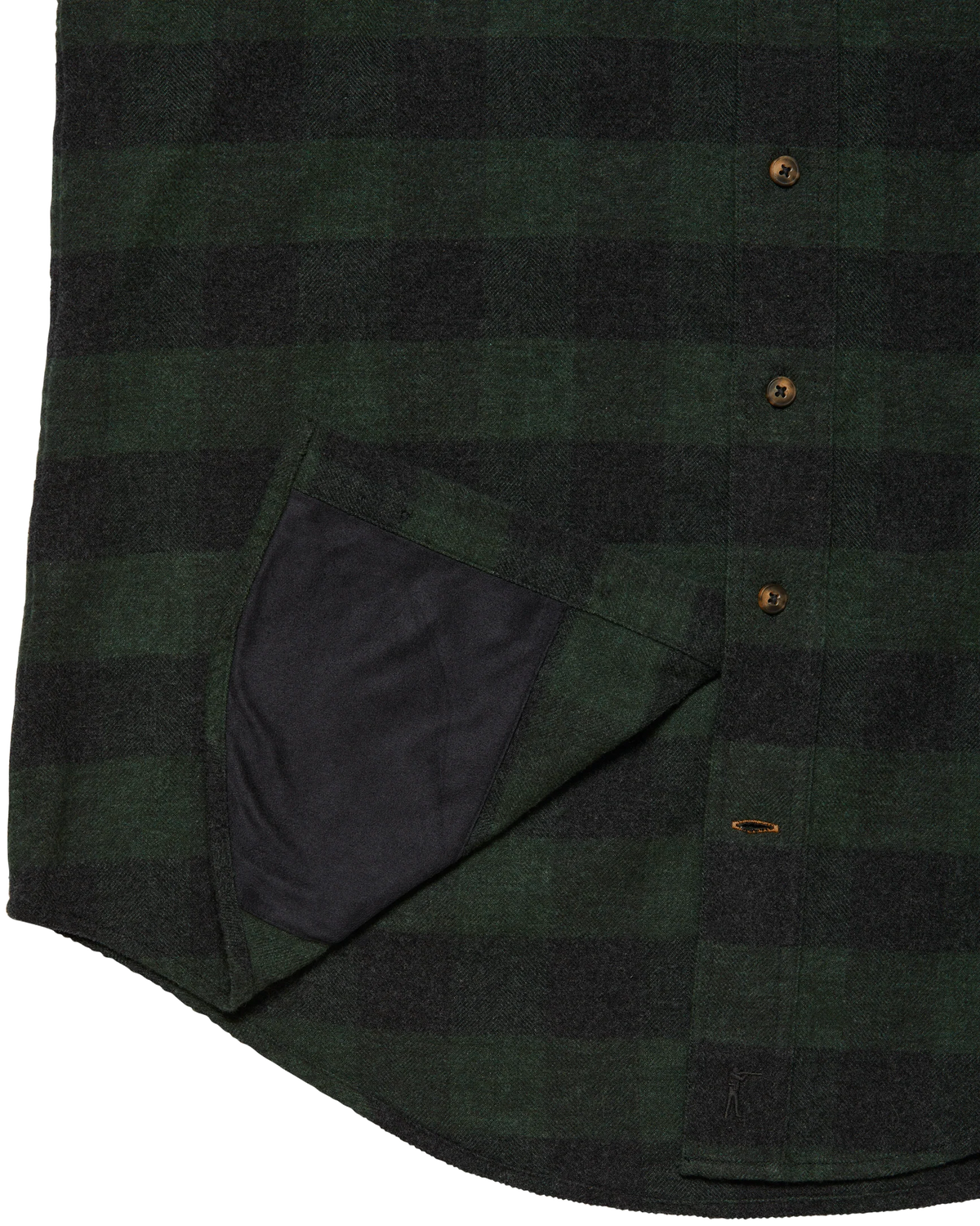 Microfiber sunglass cloth at the hem of the Green Buffalo Plaid Sportsmans Shirt