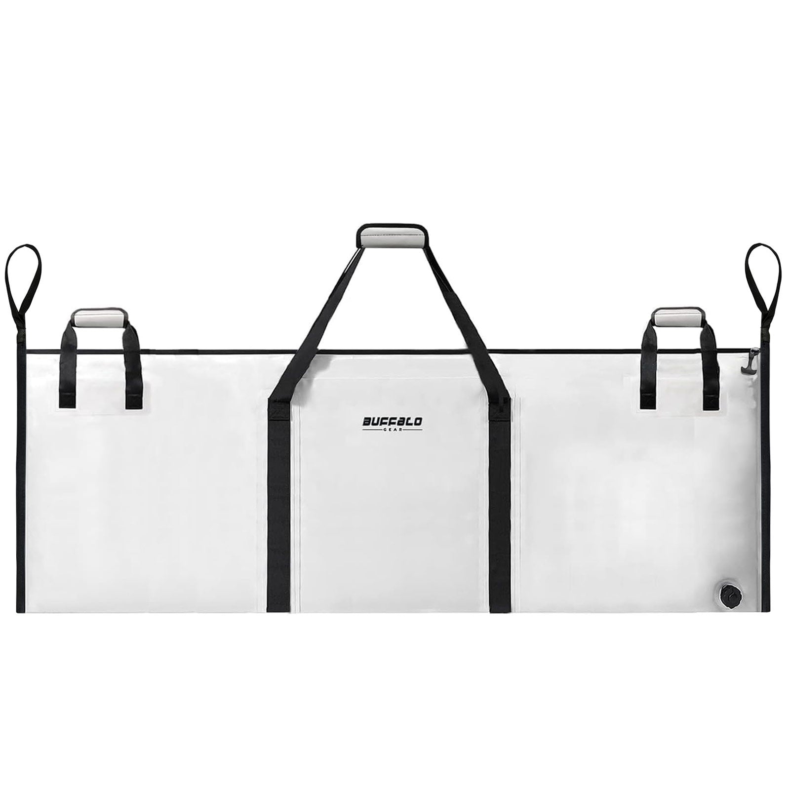 Buffalo Gear white waterproof hunting gear bag with multiple handles and drain plug for outdoor use