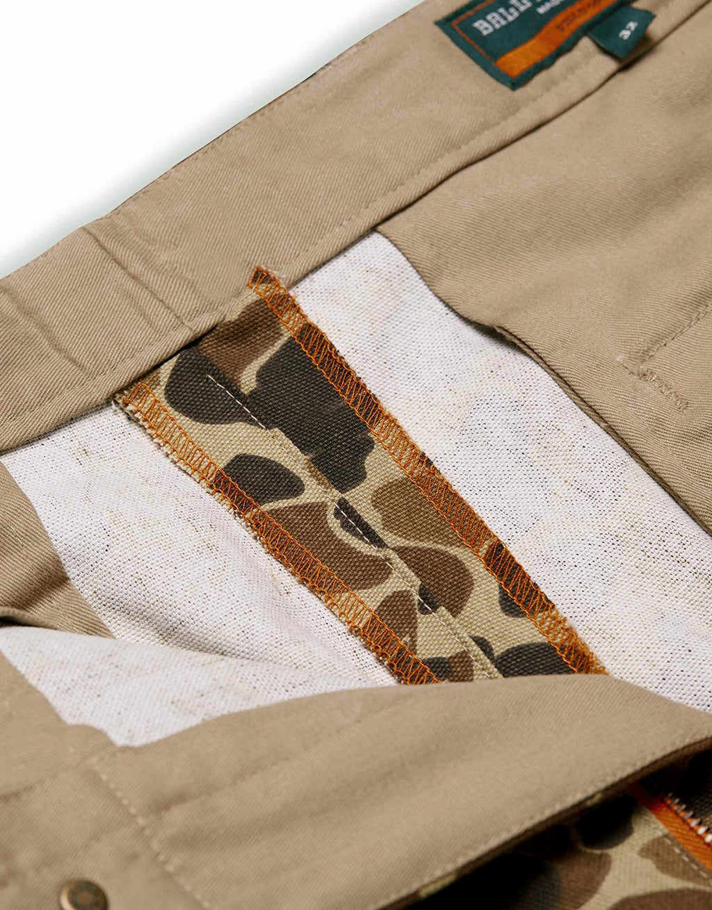 Inside of the Original Camo Field Pant showing pocket bags and waistband