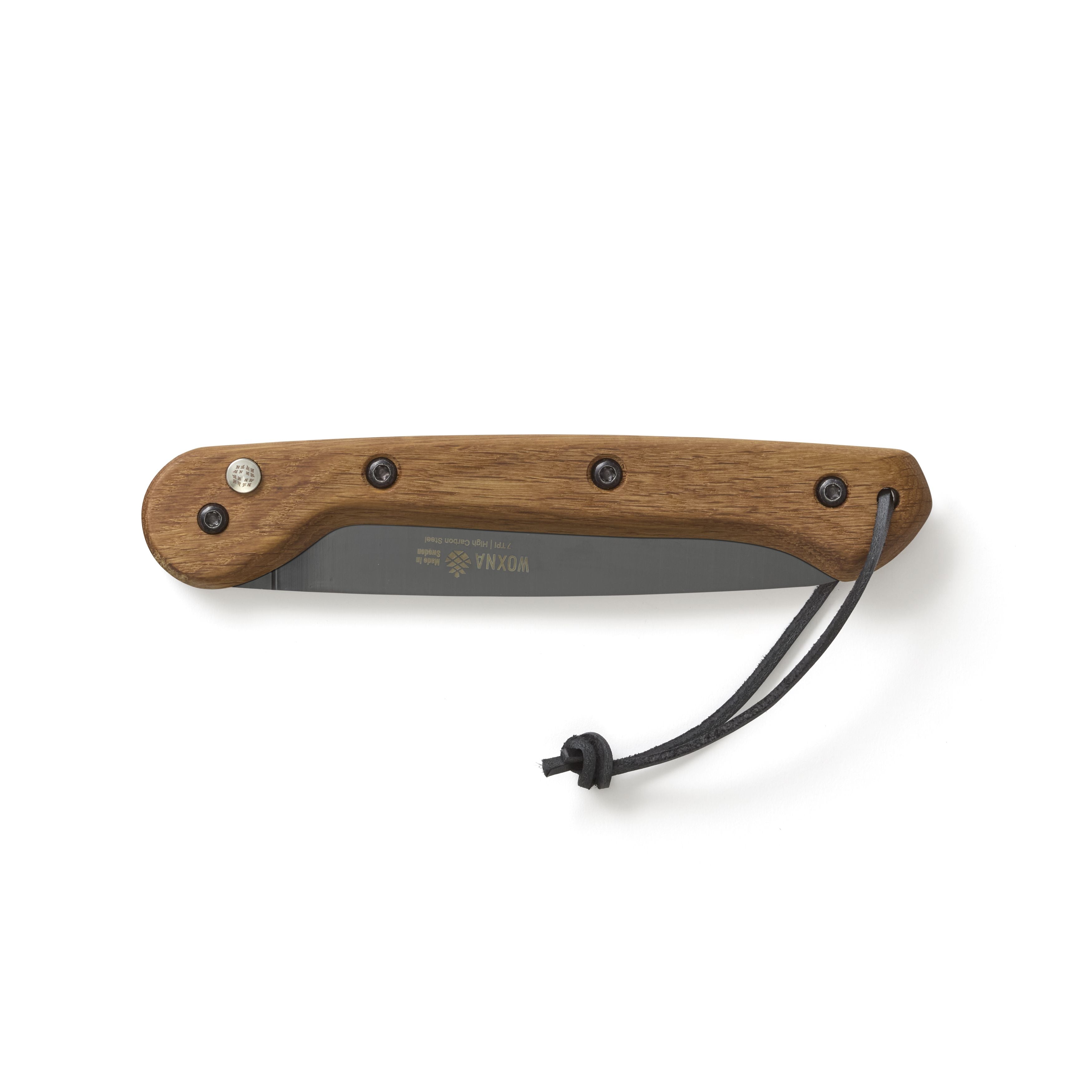 Woxna hunting knife with wooden handle, high carbon steel blade, and leather lanyard for outdoor use