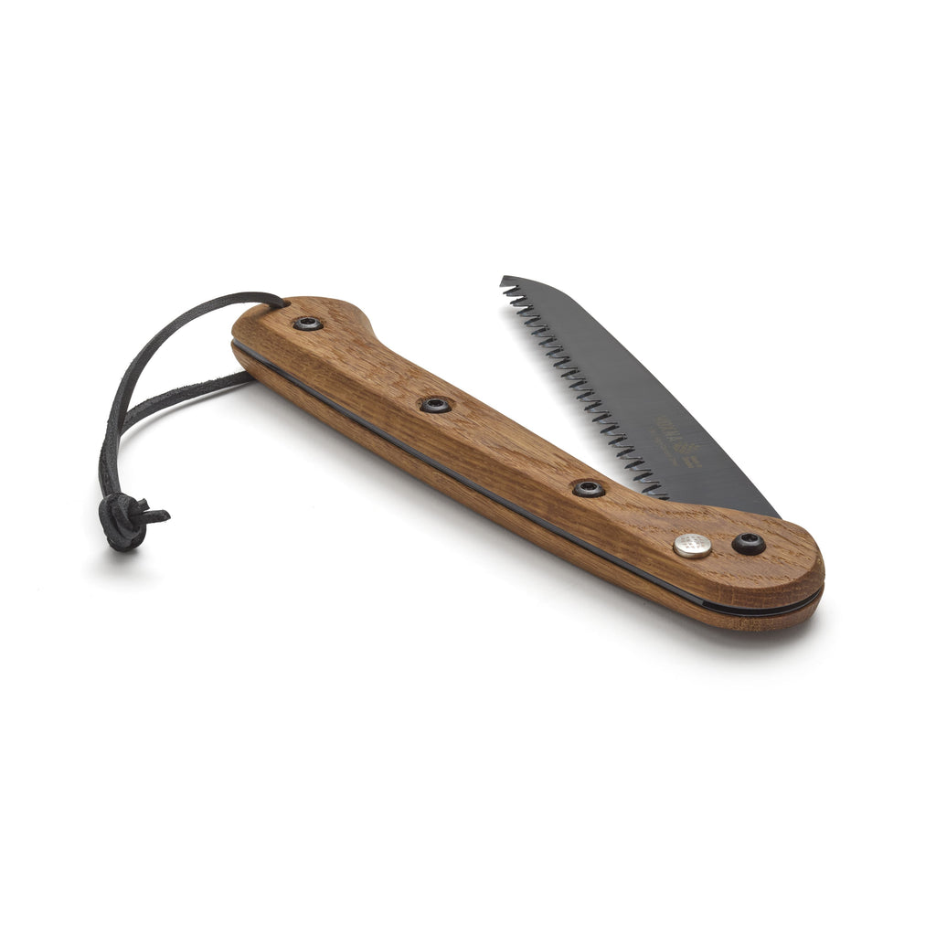 Compact folding saw with wooden handle and leather lanyard for outdoor and hunting use