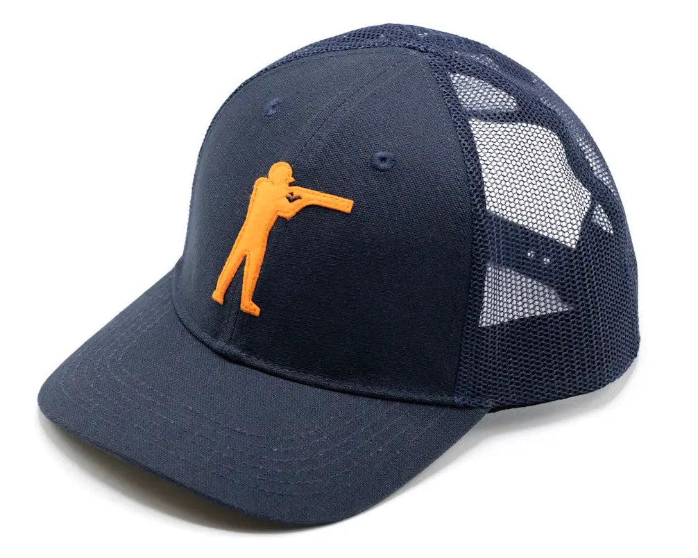 Arthur Core Snapback Hat in Navy Blue with blaze orange felt hunter logo