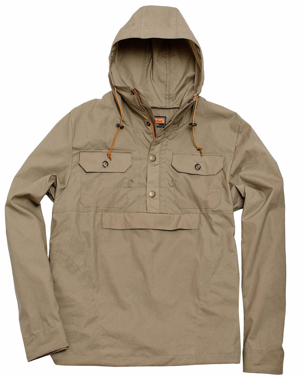 Ball and Buck Waxed Cotton Anorak in khaki with hood and front pouch, front view
