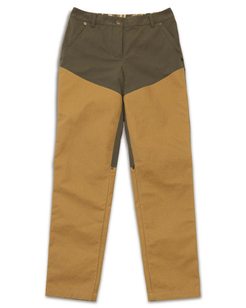 Ball and Buck Active+ Joan Field Pant in Loden with tan canvas leg panels, womens front view