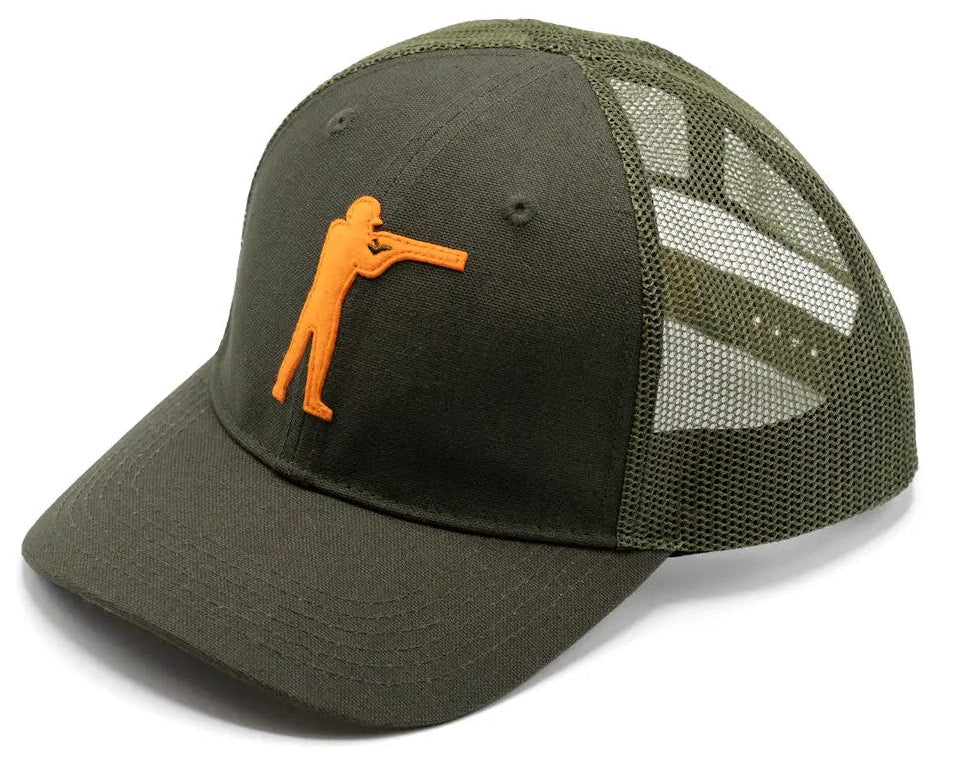 Arthur Core Snapback Hat in Olive Green with blaze orange felt hunter logo
