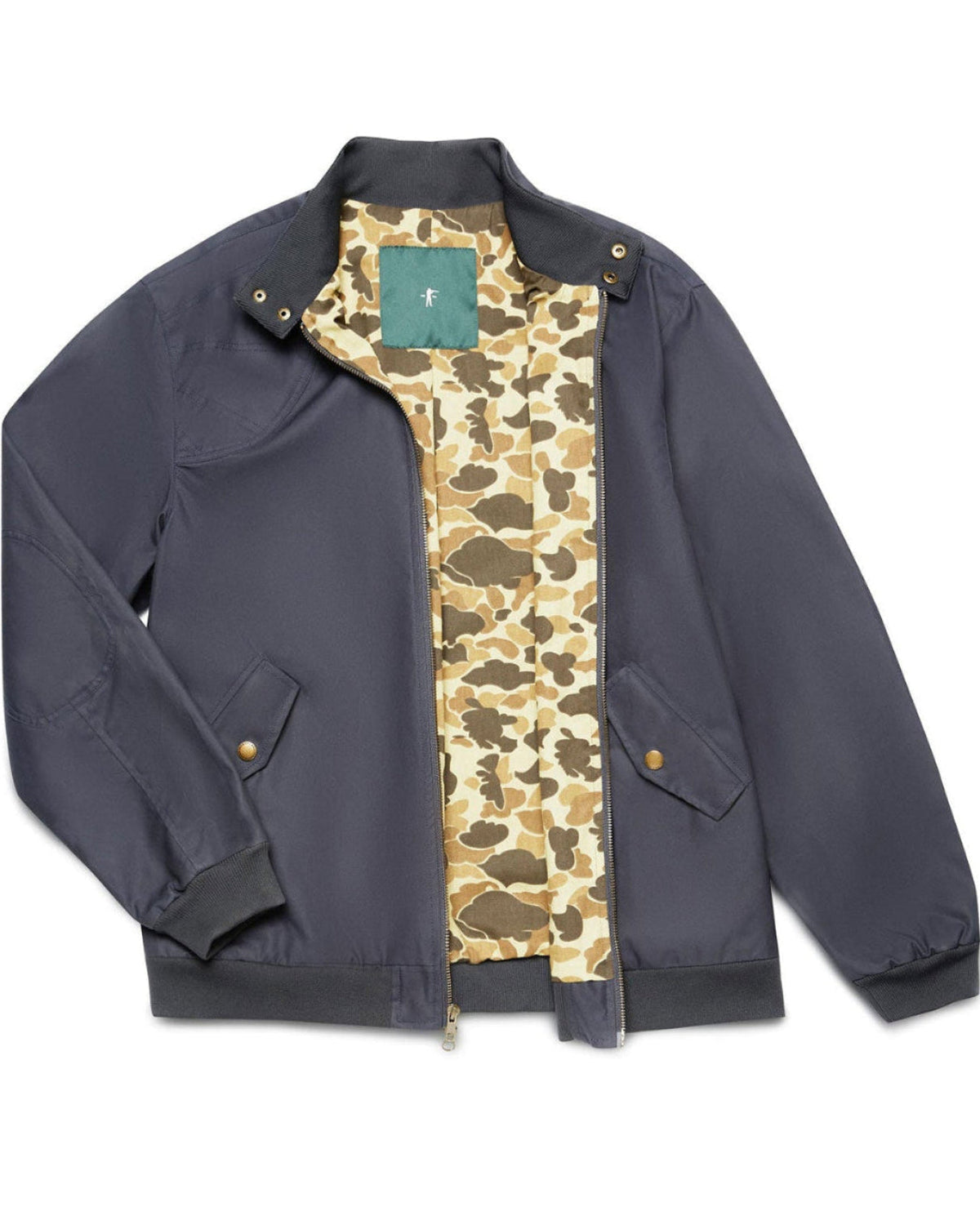 Ball and Buck Harrington Jacket in Navy Blue waxed cotton with Original Camo lining, front view