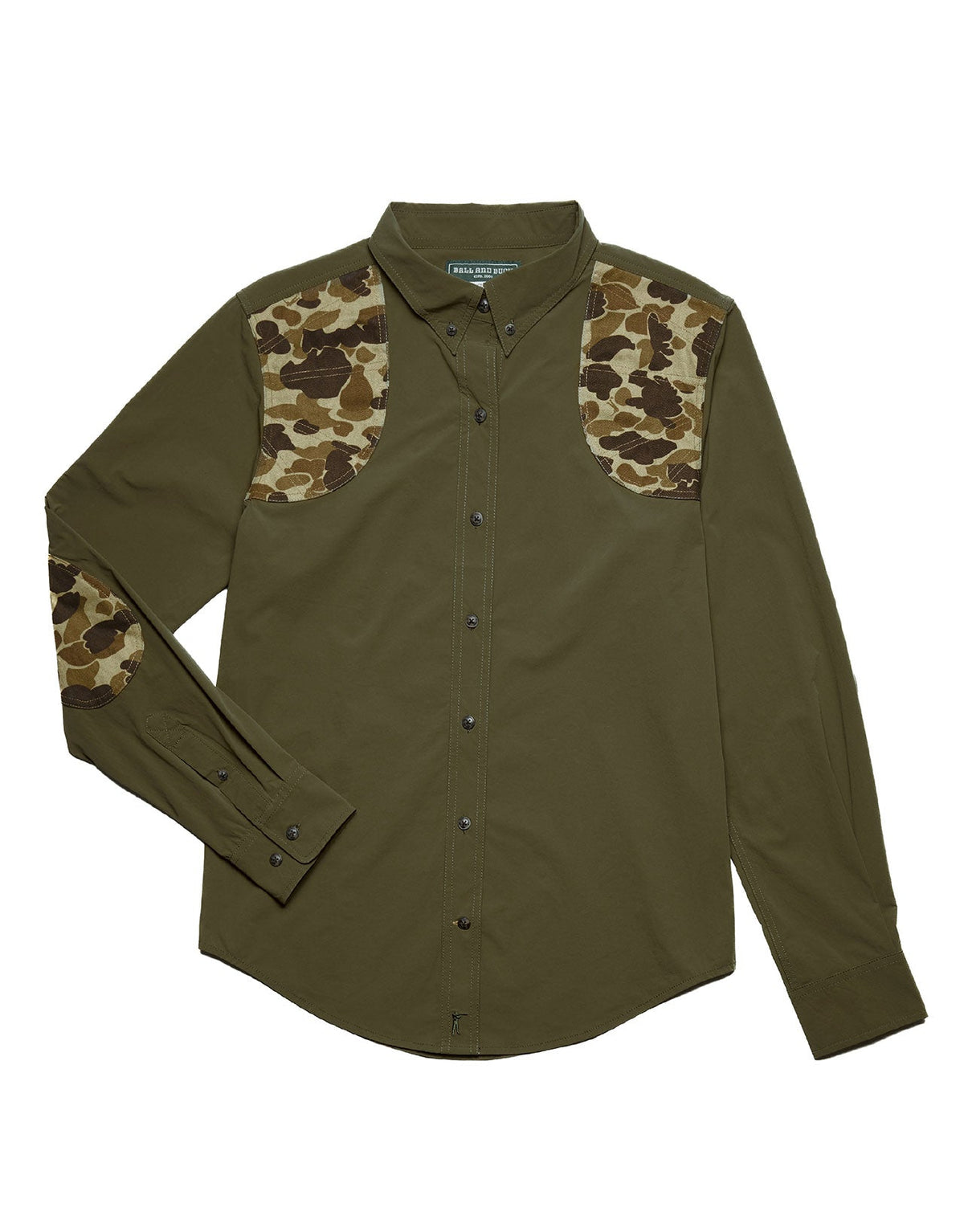 Ball and Buck Active+ Joan Field Shirt in Olive with Original Camo shooting shoulders, womens front view