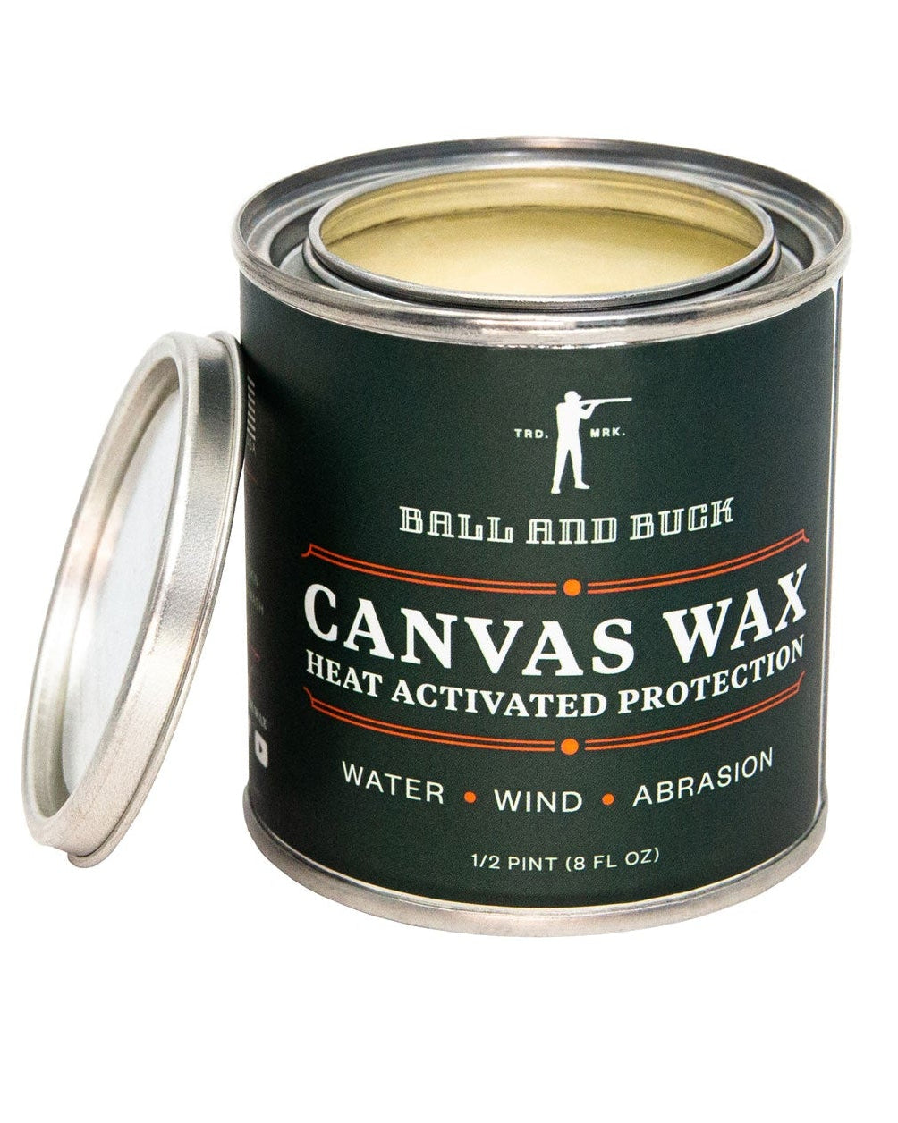 Ball and Buck Canvas Wax heat activated protection, open 8 oz tin