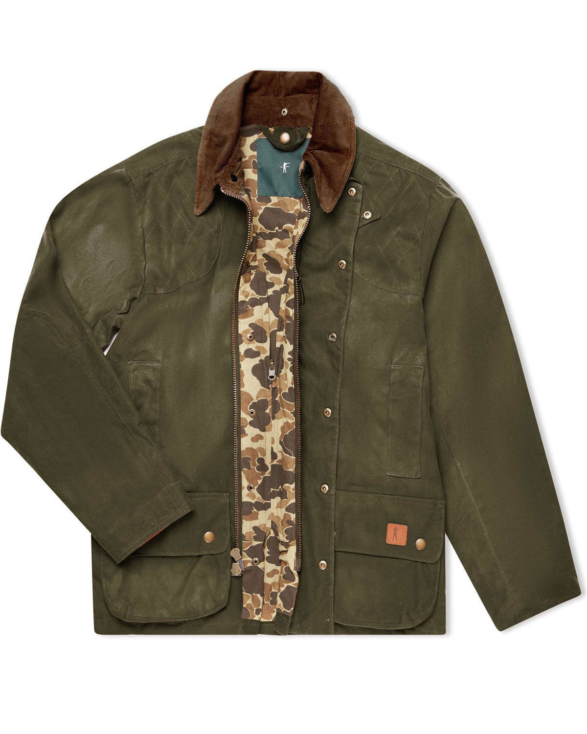 Ball and Buck Upland Jacket in Olive waxed cotton with corduroy collar and camo lining, front view