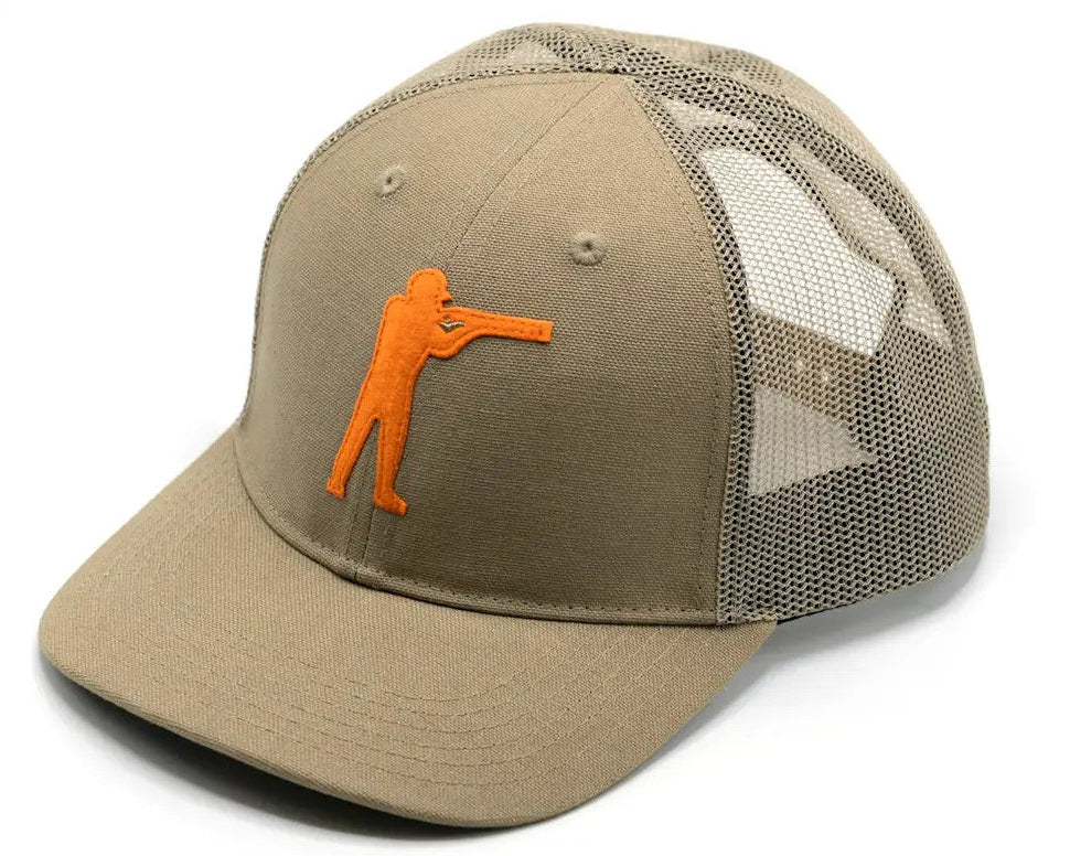 Ball and Buck Arthur Core Snapback Hat in Khaki with blaze orange felt hunter logo, front angle