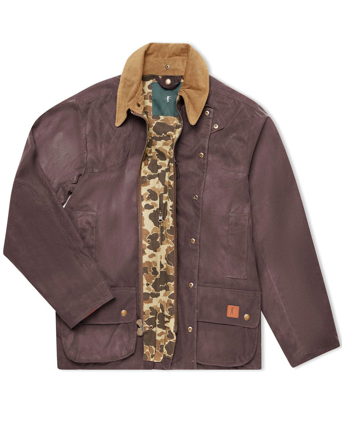 Ball and Buck Upland Jacket in Dark Oak waxed cotton with corduroy collar and Original Camo lining, front view