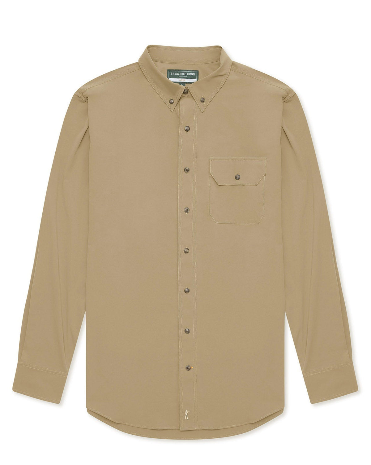 Ball and Buck Active+ Guide Shirt in Tan, long sleeve fishing shirt front view