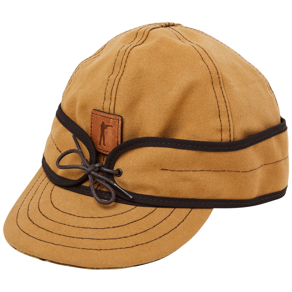 Stormy Kromer x Ball and Buck Original Cap in Signature Canvas tan duck, side view with leather patch and tie