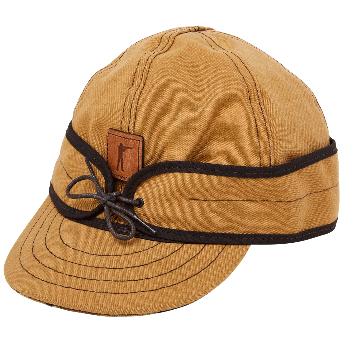 Stormy Kromer x Ball and Buck Original Cap in Signature Canvas tan duck, side view with leather patch and tie