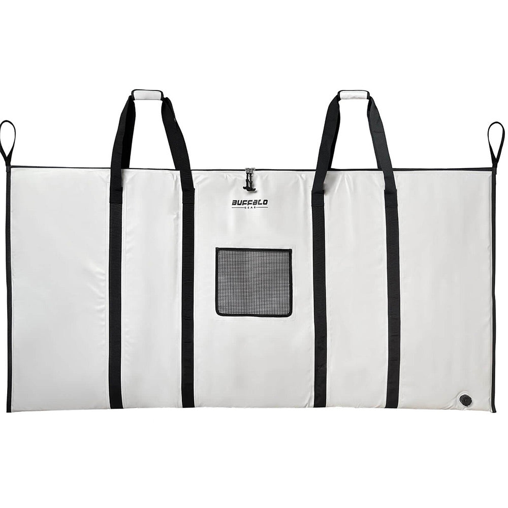 White Buffalo Gear hunting gear bag with black straps and mesh pocket for outdoor equipment storage
