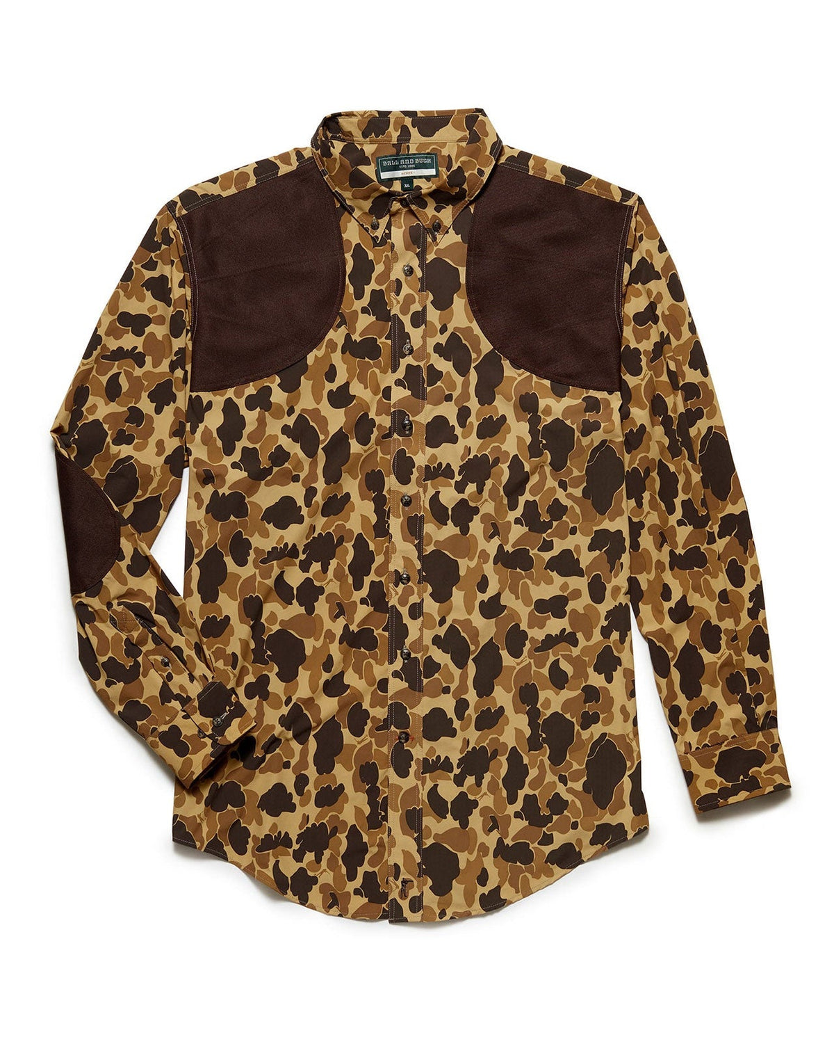 Ball and Buck Active+ Field Shirt in Original Camo with brown shooting shoulders, front view