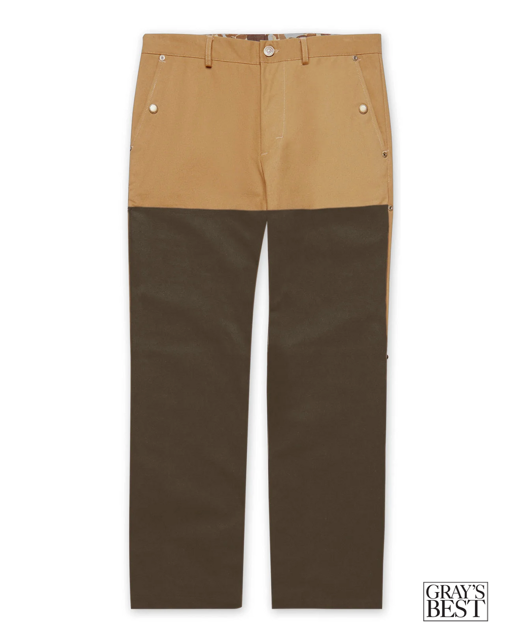 Ball and Buck Original Field Pant in 20oz waxed canvas, tan mil-spec canvas upper with dark brown waxed legs, front view