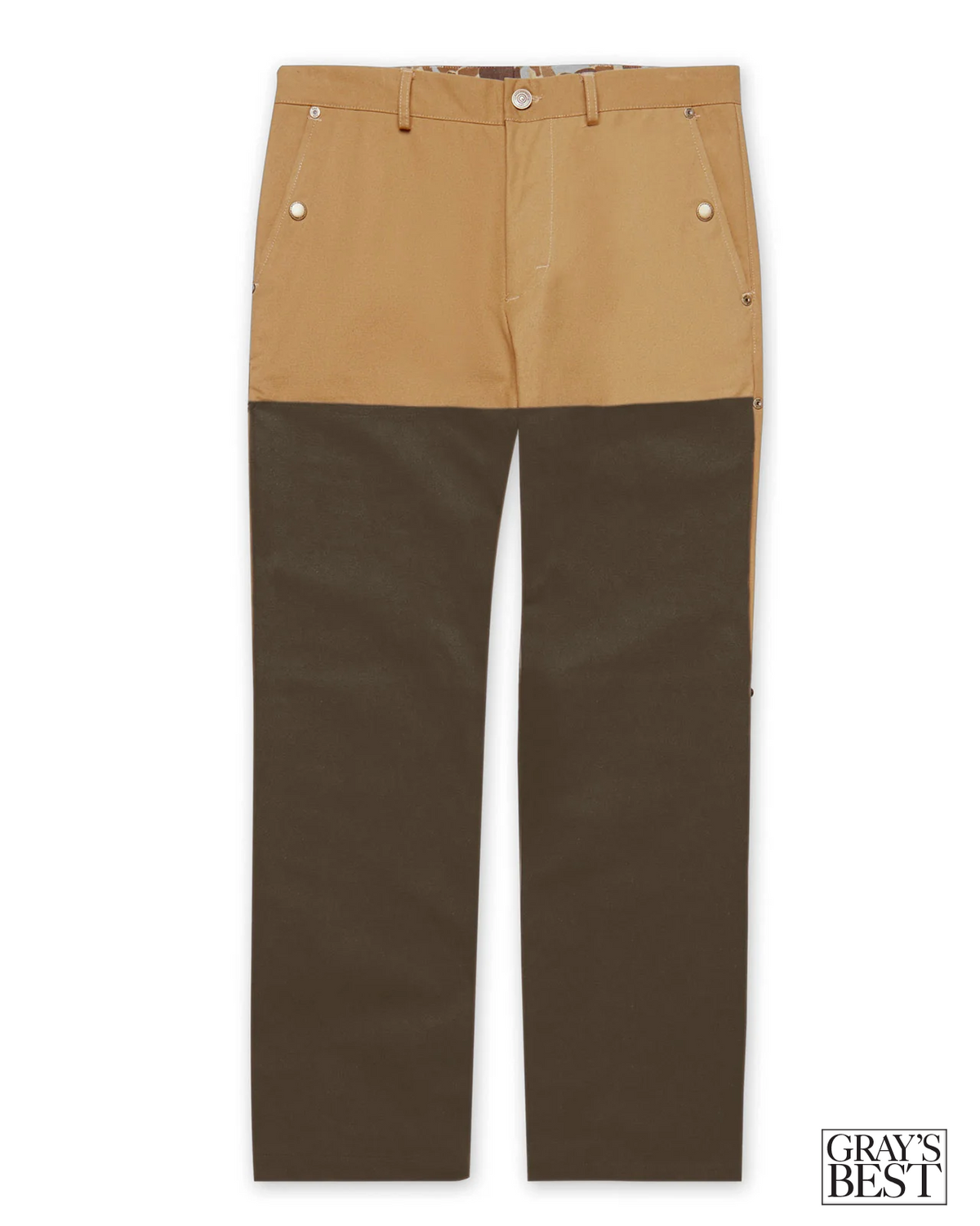 Ball and Buck Original Field Pant in 20oz waxed canvas, tan mil-spec canvas upper with dark brown waxed legs, front view
