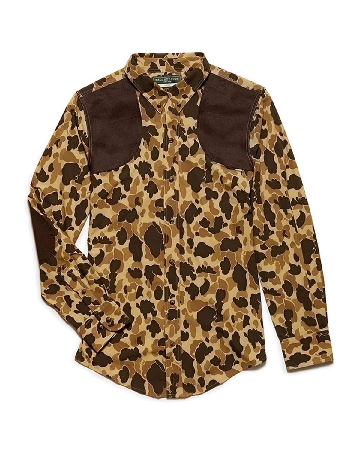 Ball and Buck Active+ Joan Field Shirt in Original Camo, womens front view with brown shooting shoulders