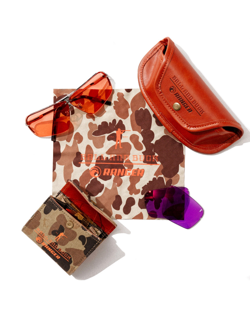 Ranger x Ball and Buck shooting lens kit with Max Light and Dark Purple spare lenses, camo case and cognac glasses case