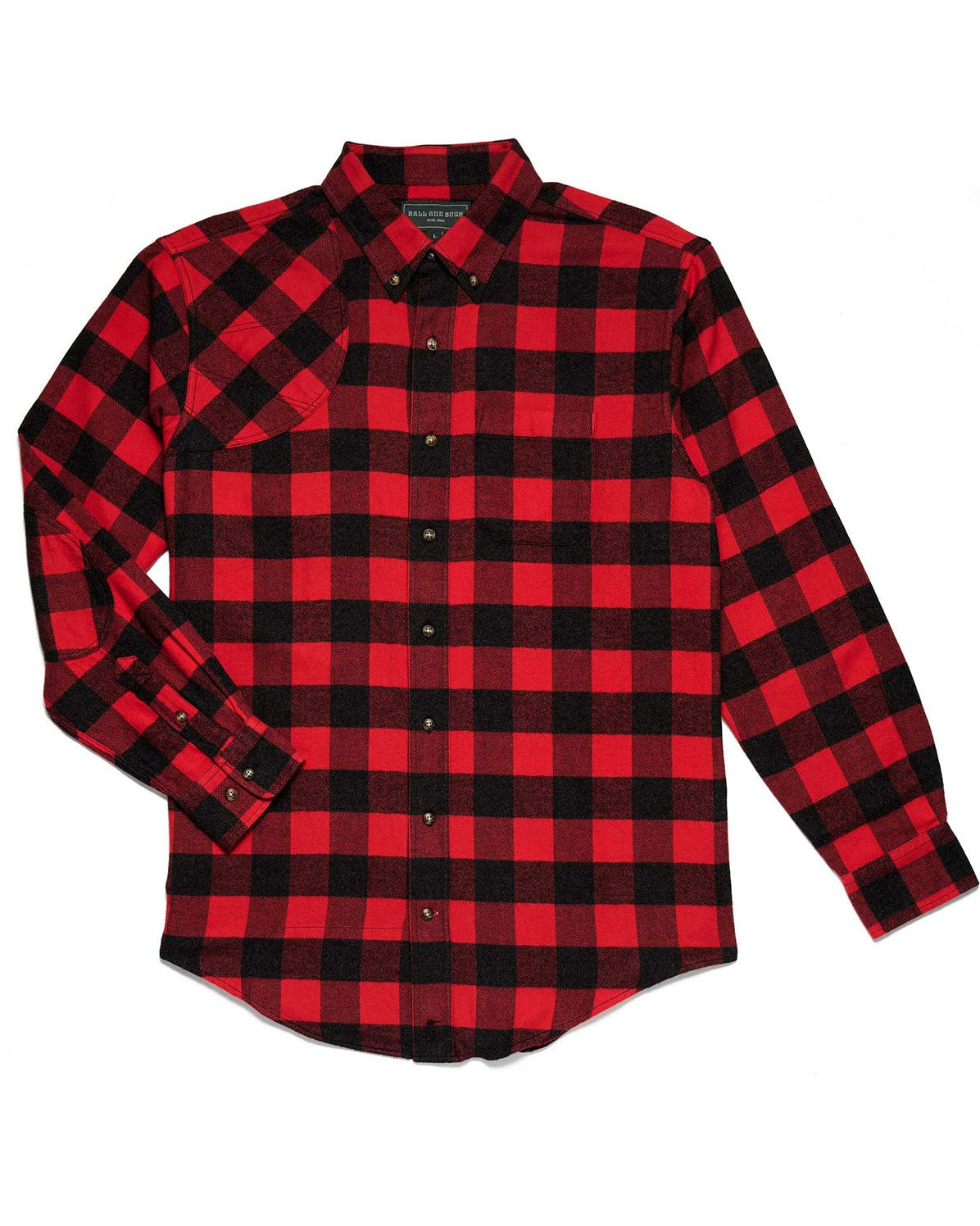 Ball and Buck Sportsmans Shirt in red and black Buffalo Plaid flannel, front view