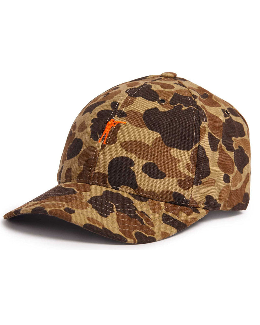 Ball and Buck Arthur Field Hat in Original Camo duck cotton, front angle with embroidered Arthur logo