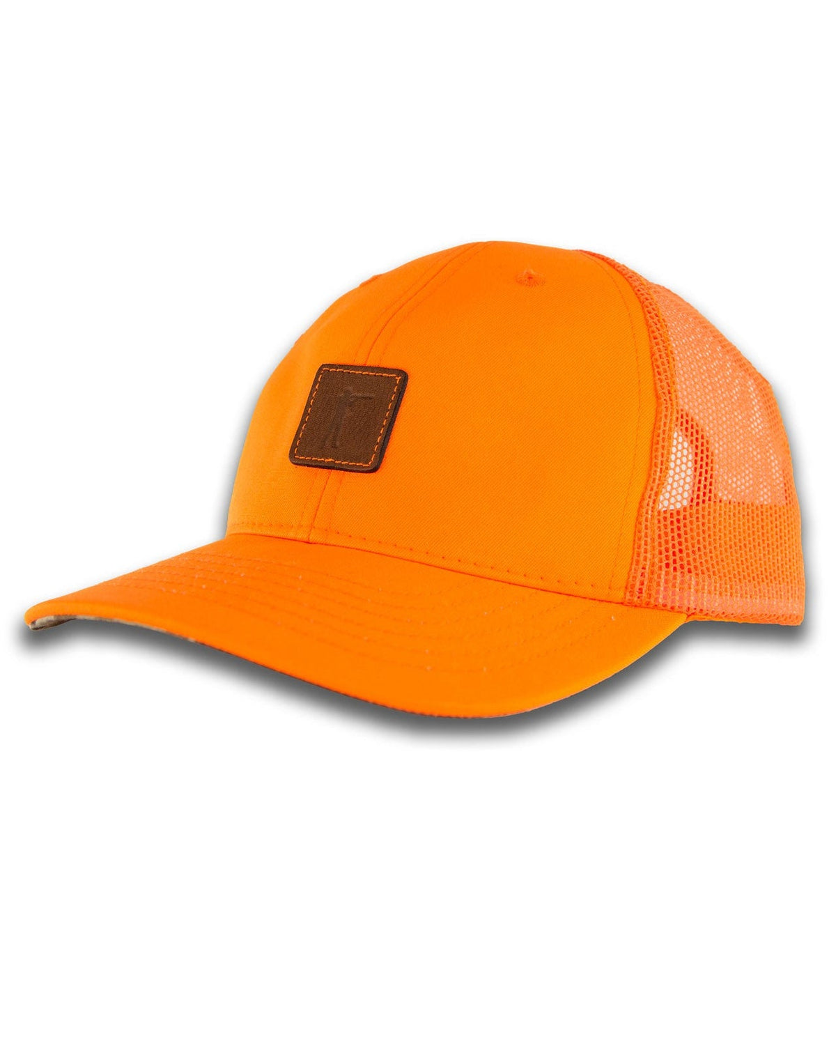 Ball and Buck Arthur Snapback Hat Upland Edition in blaze orange with leather Arthur patch, angled view